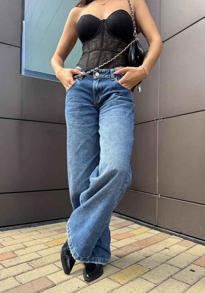 Jean Rígido Wide Leg Baggy para Mujer Tono Azul Medio Oscuro Tiro Bajo