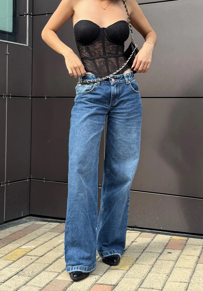Jean Rígido Wide Leg Baggy para Mujer Tono Azul Medio Oscuro Tiro Bajo