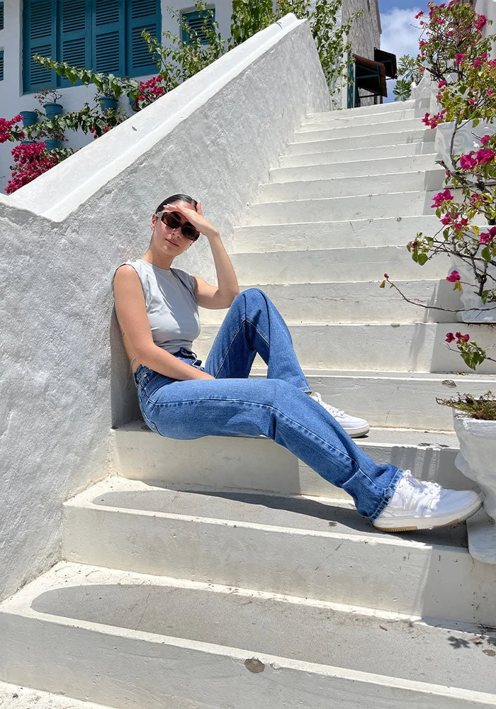 Jeans Straight Leg  Azul Medio