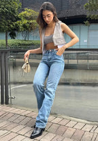 Jeans Straight Leg Azul Medio Claro