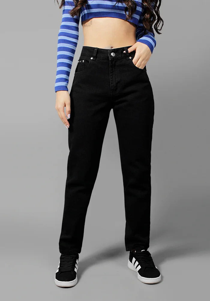 Jean Rigido Mom Fit Para Mujer Negro Mate Ref. 201007 Thunder Jeans