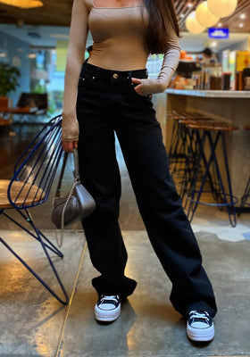 Jean Rigido Wide Leg Para Mujer Negro Mate New